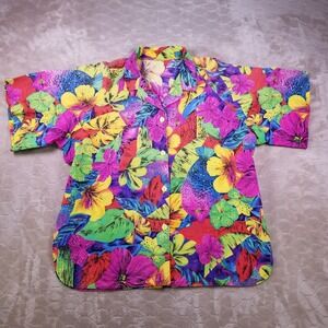 VTG 1980s Shirt Women's Floral Neon Button Up Beach Style Shirt Sz M/L